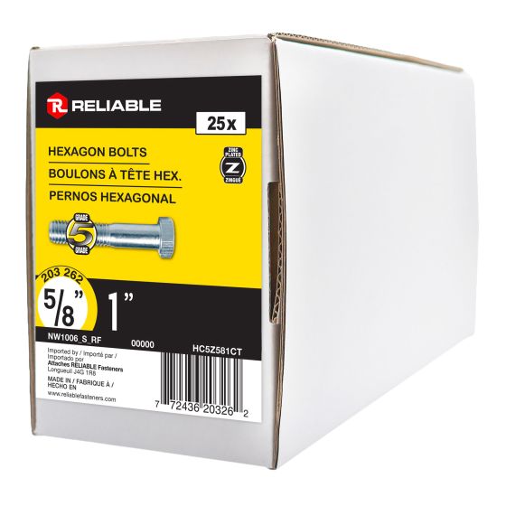 Boulon hexagonal, 5/8" x 1", grade 5, zingué, paquet de 25