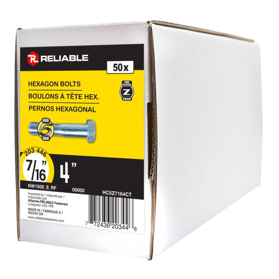 Boulon hexagonal, 7/16" x 4", grade 5, zingué, paquet de 50