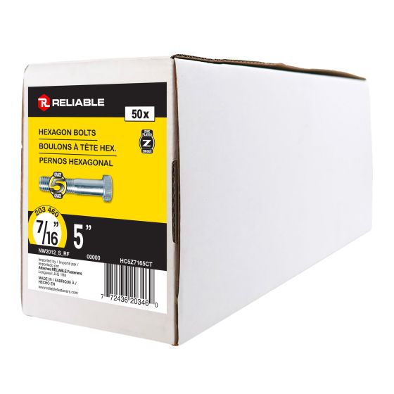 Boulon hexagonal, 7/16" x 5",  grade 5, zingué, paquet de 50