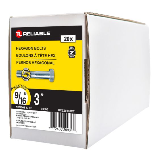 Hex Bolt - Grade 5 - Zinc Plated - 9/16" x 3" - 20-Pack
