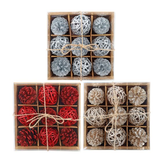 Decorative Holiday Set - Pinecones & Willow Balls - 9 Pcs