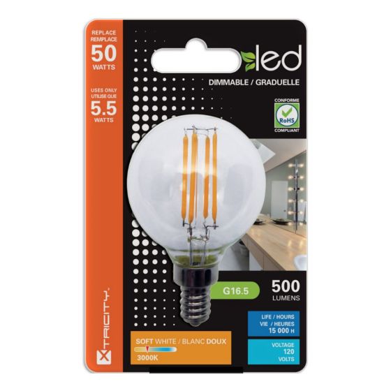 Lightbulb - LED Filament - Type G16.5 - Soft White - Candelabra - Clear - 5.5 W
