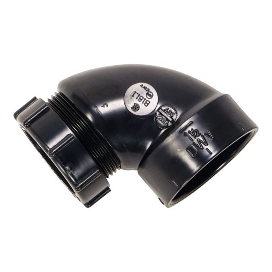 ABS DWV 90˚ Elbow with Slip Joint Nut - 1 1/2 " - Slip joint nut x Hub - Black
