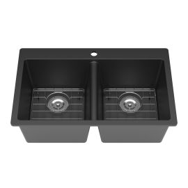 Évier de cuisine double, Kilona, granite noir, 31" x 20" x 9"