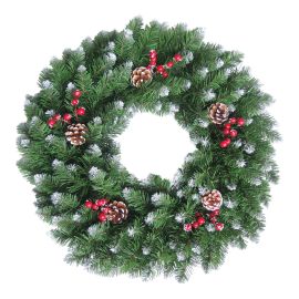 Couronne d&eacute;corative, 140 pointes, 24&rsquo;&rsquo;, vert avec givre et pommes de pin