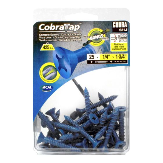 Concrete Screws - Flat Head 1/4" (+ Drill Bit + Drive Bit) (25) - 1 3/4" - 25/Pkg