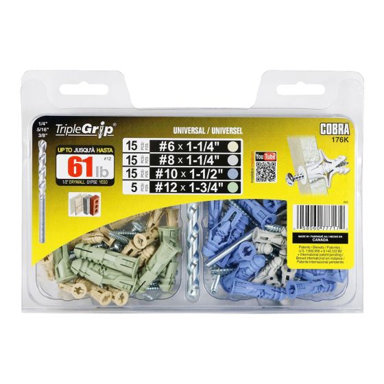 Triple-Grip #6 + #8 + #10 + #12 (+ Screws) + Drill Bit Anchors (15 + 15 + 15 + 5)