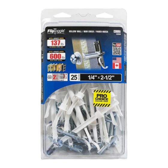 FLIPTOGGLE Anchors for Hollow Walls 1/4" x 2 1/2" (+ Bolts) (25)