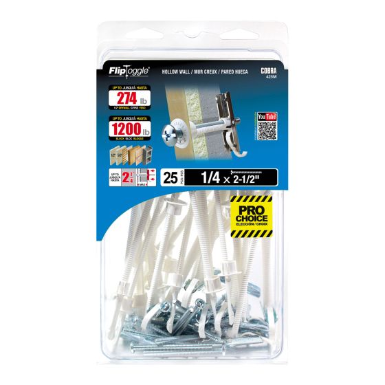 FLIPTOGGLE Anchors for Hollow Walls 1/4" x 2 1/2" (+ Bolts) (25)