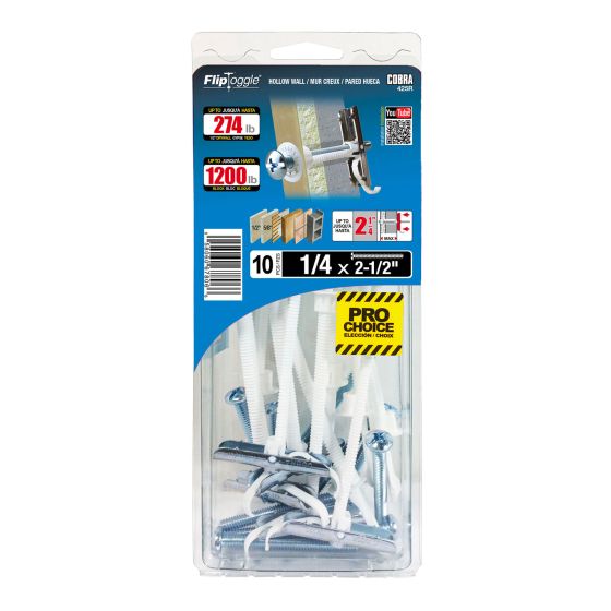 FLIPTOGGLE Anchors for Hollow Walls 1/4" x 2 1/2" (+ Bolts) (10)