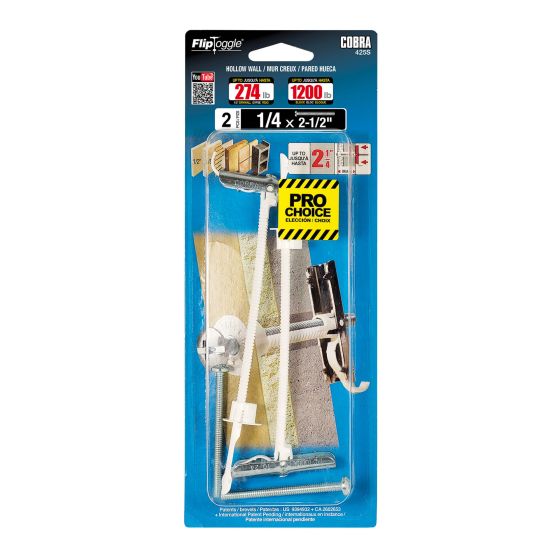 FLIPTOGGLE Anchors for Hollow Walls 1/4" x 2 1/2" (+ Bolts) (2)