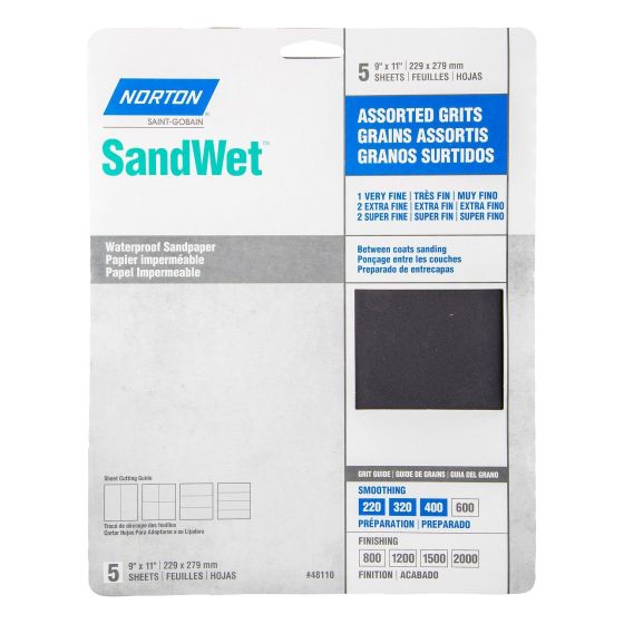 Feuilles imperméables abrasives SandWet, 9" x 11", grains assortis, 5/pqt
