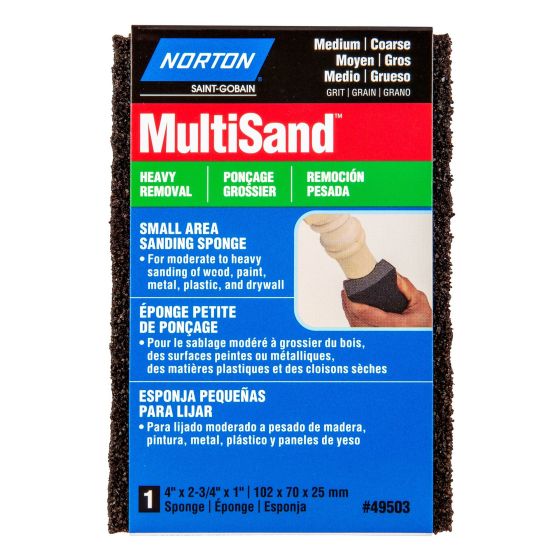 Éponge de ponçage Norton MultiSand petites surfaces, 4" x 2 3/4" x 1", Gr. Moyen/Gros, 1/pqt