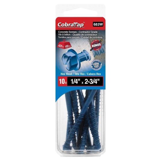 Concrete Screws - Hex Head 1/4" x 2 3/4" - Drill Bit incl. - 10/pack