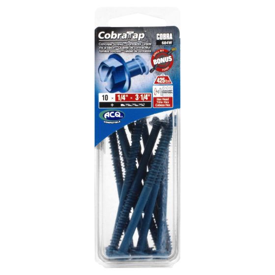 Concrete Screws - Hex Head 1/4" x 3 1/4" - Drill Bit incl. - 10/pack