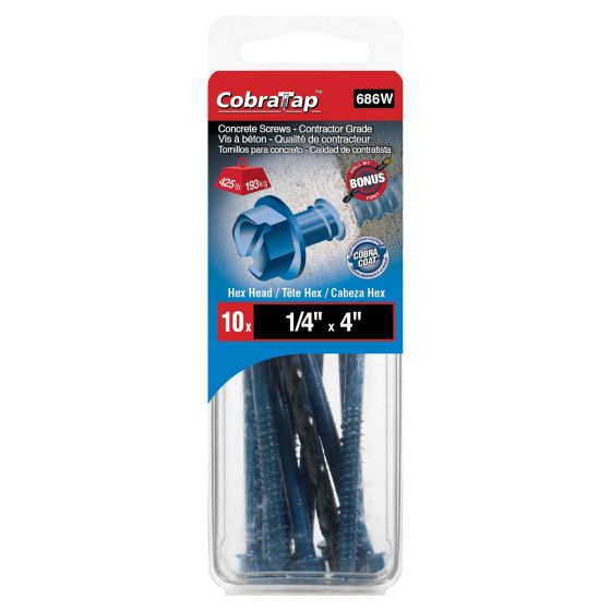 Concrete Screws - Hex Head 1/4" x 4" - Drill Bit incl. - 10/pack
