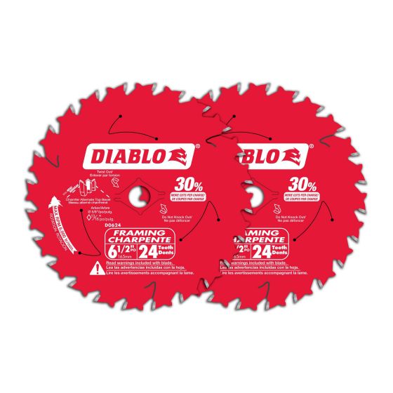 Lames de scie circulaire à pointes au carbure pour charpente Diablo, 6-1/2 po, 24 dents, 2/pqt