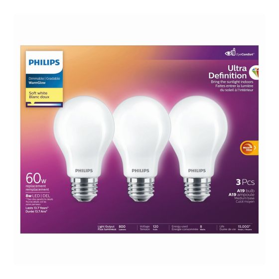 Ampoule DEL, A19, 8 W, blanc doux, 3/pqt