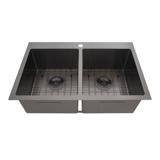 Double Kitchen Sink - Malawi - 50/50 Stainless Steel and Black - 31" x 20" x 9"