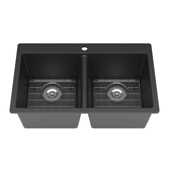 Évier de cuisine double, Kilona, granite noir, 31" x 20" x 9"