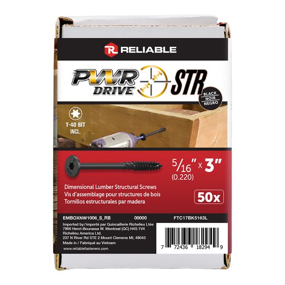 Vis structurale, PWR, T17, noir, 5/16" x 3", 50/pqt