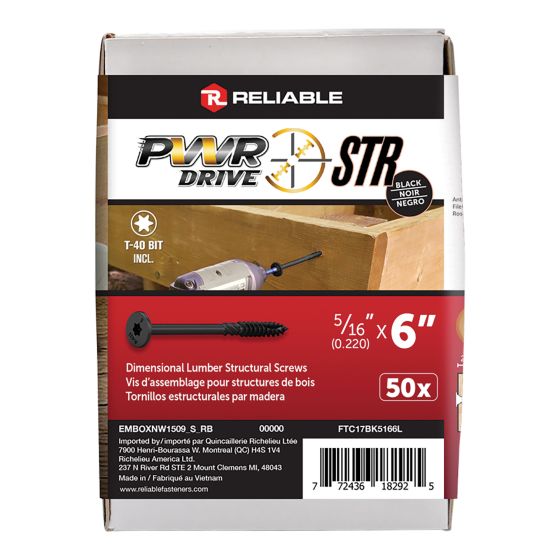 Vis structurale, PWR, T17, noir, 5/16" x 6", 50/pqt