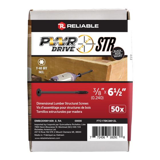 Vis structurale, PWR, T17, noir, 3/8" x 6 1/2", 50/pqt