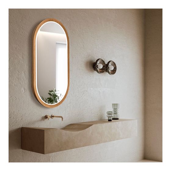 Miroir, DEL, ovale, cadre aluminium-chêne, 19,7" x 35,4"