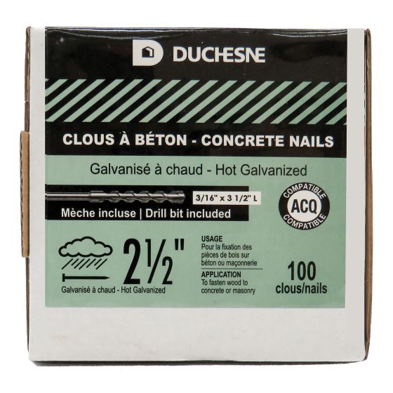 Clous pour béton, galvanisés à chaud, avec mèche, 2 1/2", 100/pqt