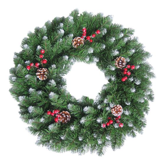 Decorative Wreath - 140 Tips - 24’’ - Green with Frost and Pinecones