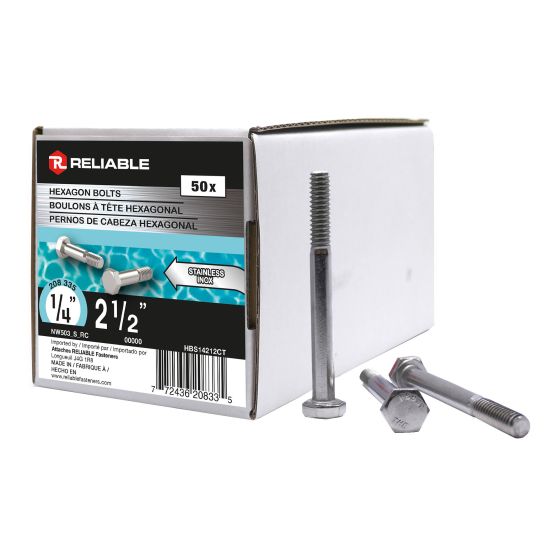 Boulons hexagonaux en inox, 1/4" x 2 1/2", 50/pqt