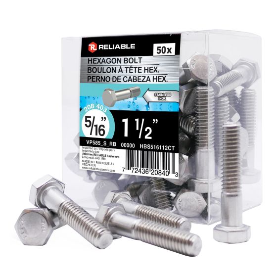 Boulons hexagonaux en inox, 5/16" x 1 1/2", 50/pqt