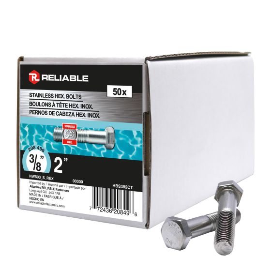 Boulons hexagonaux en acier inox, 3/8" x 2", 50/pqt