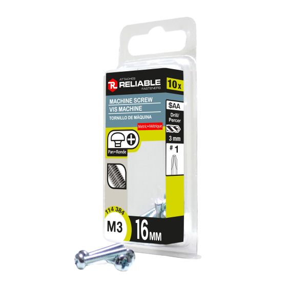 Machine Screws - M3 x 16 mm - Type B - Zinc Plated - 10/Pkg