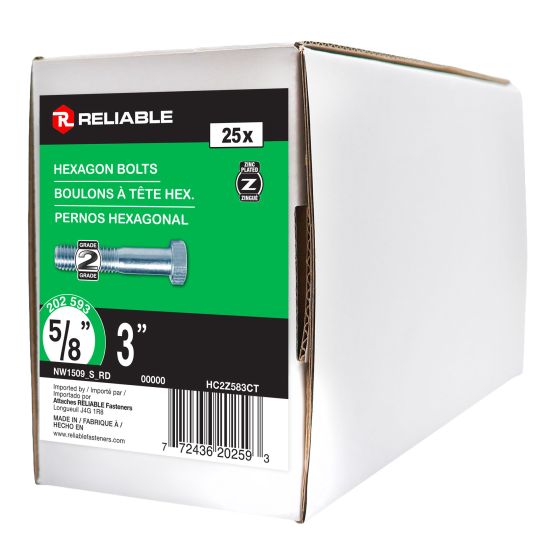 Hex Head Bolts - 5/8" x 3"- Grade 2 - Zinc-Plated - 25/Pkg