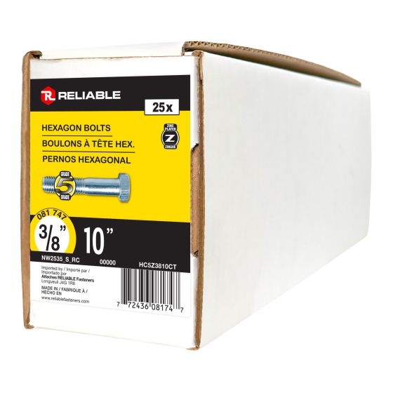 Boulon hexagonal, 3/8" x 10", grade 5, zingué, paquet de 25
