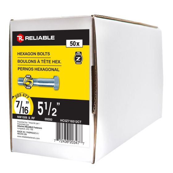 Boulon hexagonal, 7/16" x 5 1/2", grade 5, zingué, paquet de 50