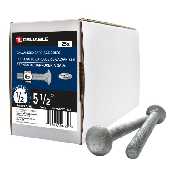 Boulons de carrosserie, 1/2" x 5 1/2", galvanisé à chaud, 25/pqt