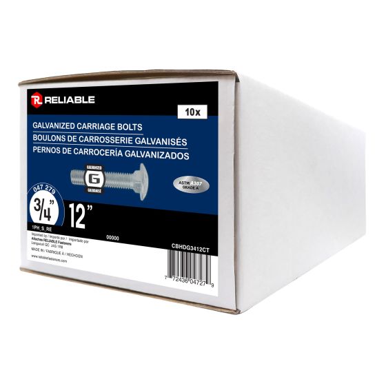 Boulons de carrosserie, 3/4" x 12", acier galvanisé, paquet de 10