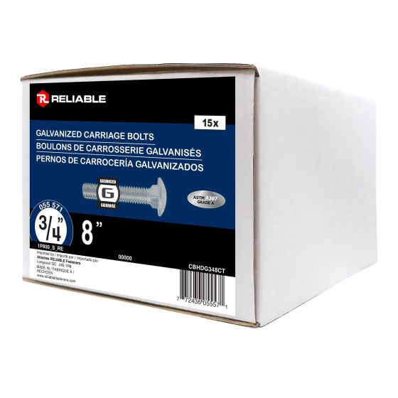 Boulons de carrosserie, 3/4" x 8", acier galvanisé, paquet de 15