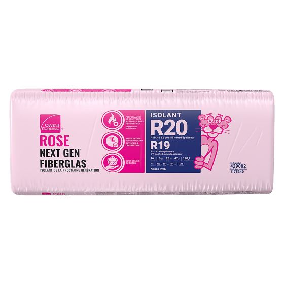 Laine isolante Rose Next Gen Fiberglas, R-20, 23" x 47" x 6", couvre 120,1 pi²