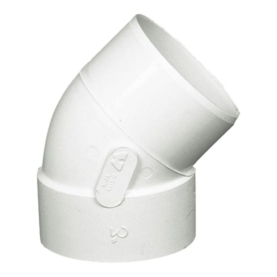 Coude 45° en PVC/BNQ, 4", femelle x mâle, blanc