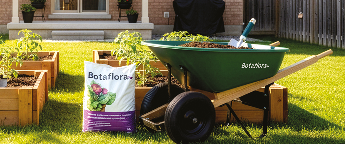 Brouette Botaflora remplie de terreau avec sac de terre et outils de jardinage devant des bacs potagers en bois.
