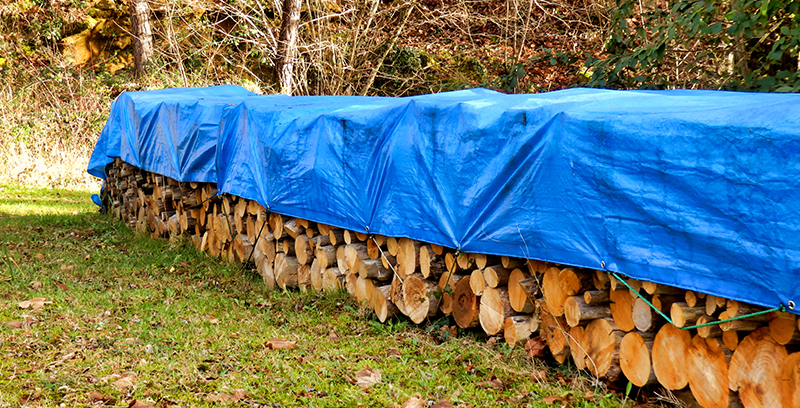 B&acirc;che qui couvre des b&ucirc;ches de bois