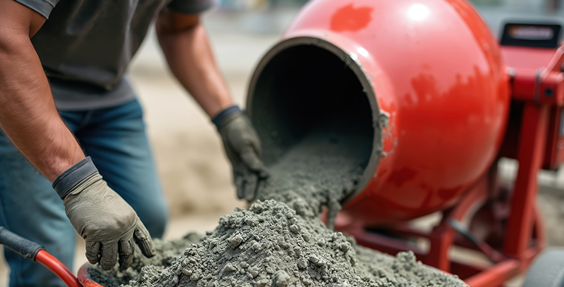 Red cement mixer pouring on site - BMR