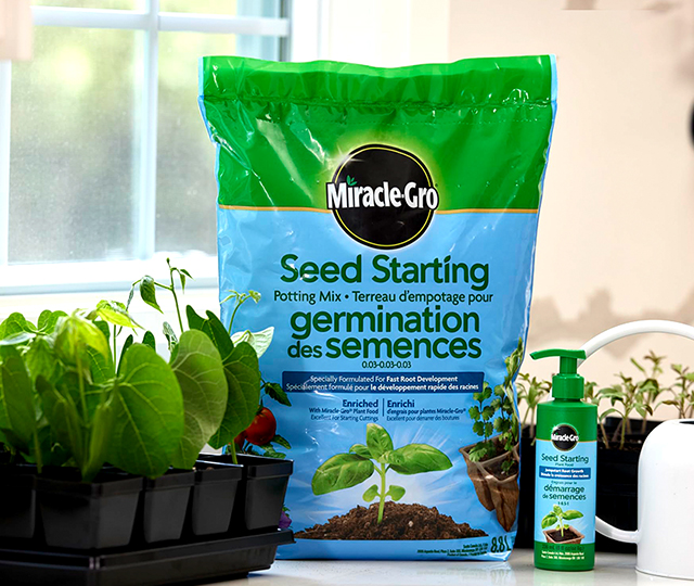 Sac de terreau Miracle-Gro pour la germination des semences, plac&eacute; sur une table pr&egrave;s de plants en croissance et d&rsquo;une bouteille de solution de d&eacute;marrage.