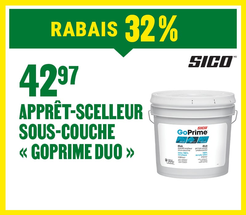Saisissez la promotion en cours chez BMR : 32 % de rabais sur l’apprêt-scelleur GoPrime Duo, les 9 et 10 août seulement.
