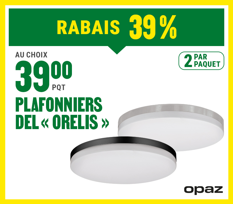 Saisissez la promotion en cours chez BMR : 39% de rabais sur les plafonniers DEL Orelis, les 23 et 24 août seulement.