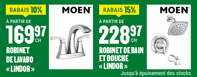 À partir de 10% de rabais sur les robinets Lindor de Moen chez BMR