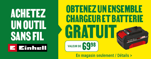 Obtenez un ensemble de chargeur et batterie gratuit à l'achat d'un outil sans-fil Einhell